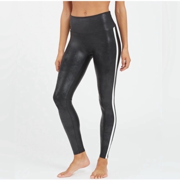SPANX Faux Leather Stripe Legging in Very Black White - Picture 1 of 10